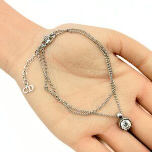 Christian Dior Designer Signed Silver Plated Chain Round Crystal Pendant Necklac